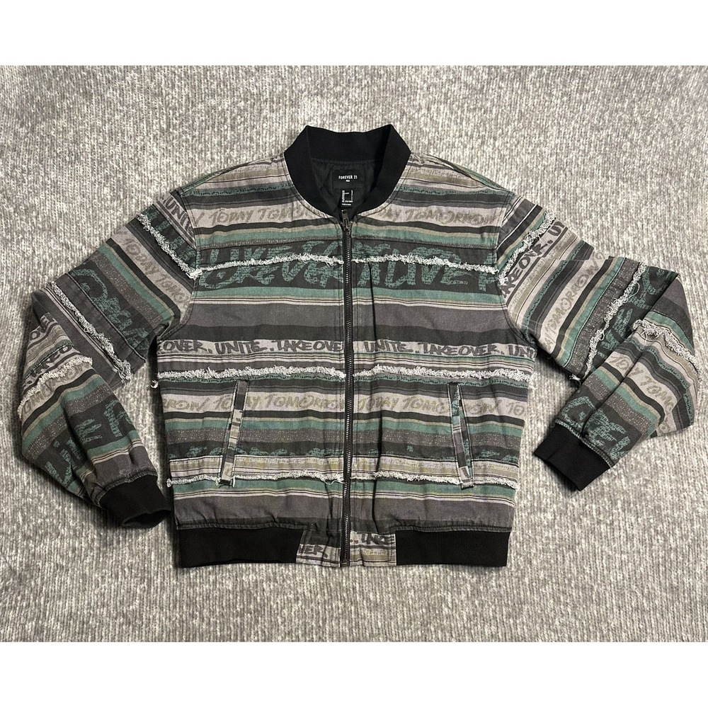 Forever 21 Men's Bomber Jacket L Quilted Distressed Striped Graphic Y2K Zip Rare